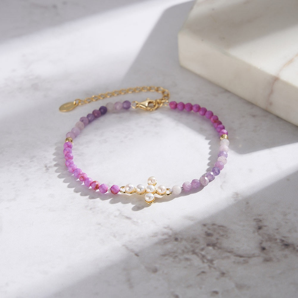 Celestial Cross – Freshwater Pearl & Lepidolite Vermeil Bracelet | Energy Stone Series
