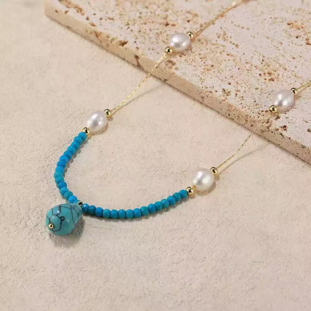 Tranquil Drop – Freshwater Pearl & Turquoise Pendant Necklace | Energy Stone Series