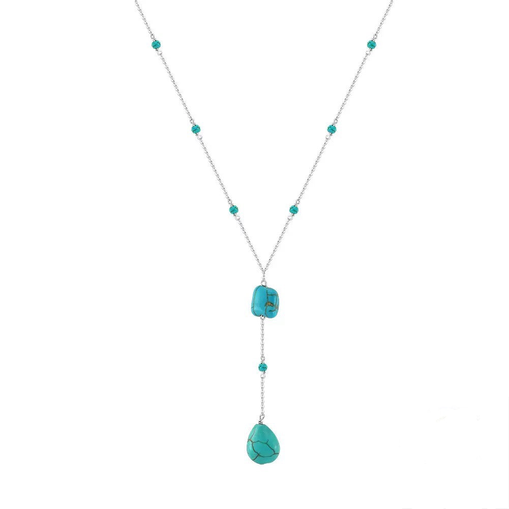 Turquoise Bead & Double Drop Y Necklace – 925 Sterling Silver, Gold Plated