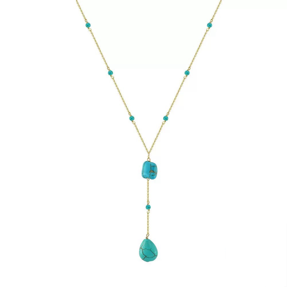 Turquoise Bead & Double Drop Y Necklace – 925 Sterling Silver, Gold Plated