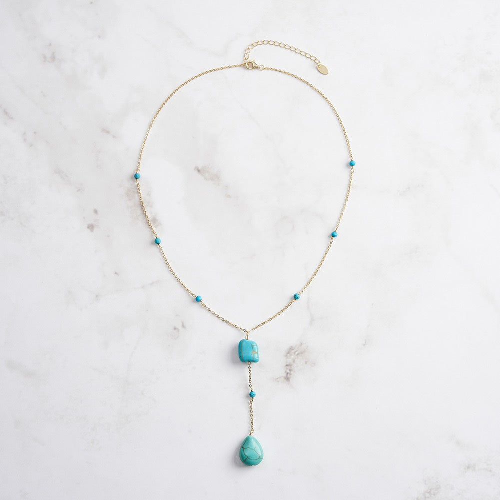 Turquoise Bead & Double Drop Y Necklace – 925 Sterling Silver, Gold Plated