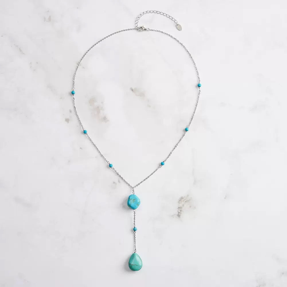 Turquoise Bead & Double Drop Y Necklace – 925 Sterling Silver, Gold Plated