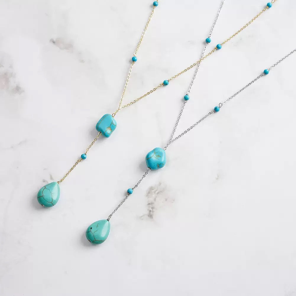 Turquoise Bead & Double Drop Y Necklace – 925 Sterling Silver, Gold Plated