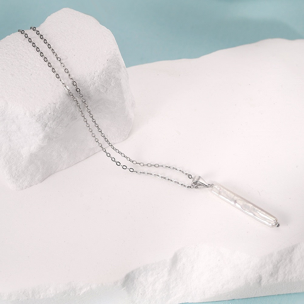 Long Stick Freshwater Pearl Pendant Necklace – 925 Sterling Silver, Gold Plated