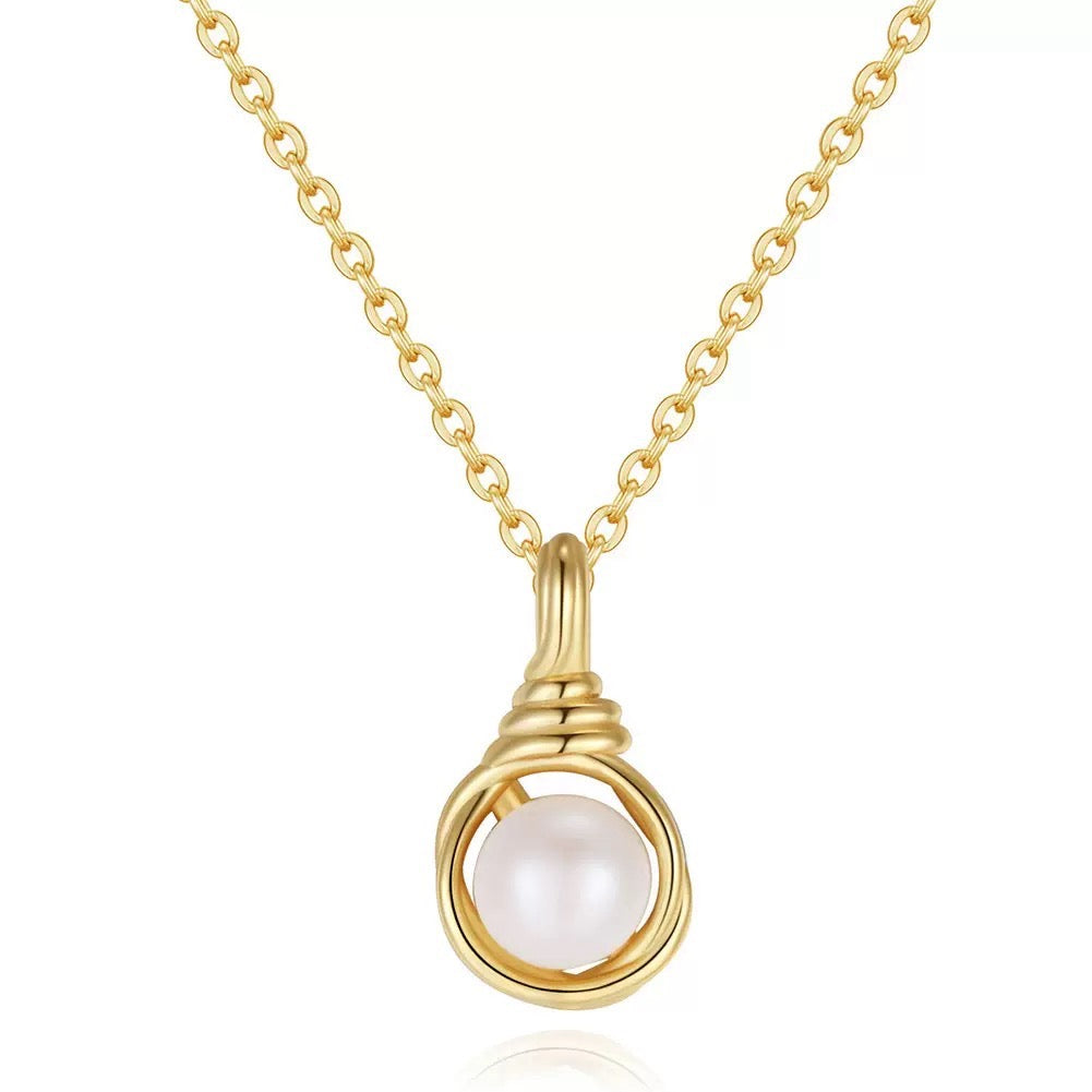 Wrapped Freshwater Pearl Pendant Necklace – 925 Sterling Silver, Gold Plated
