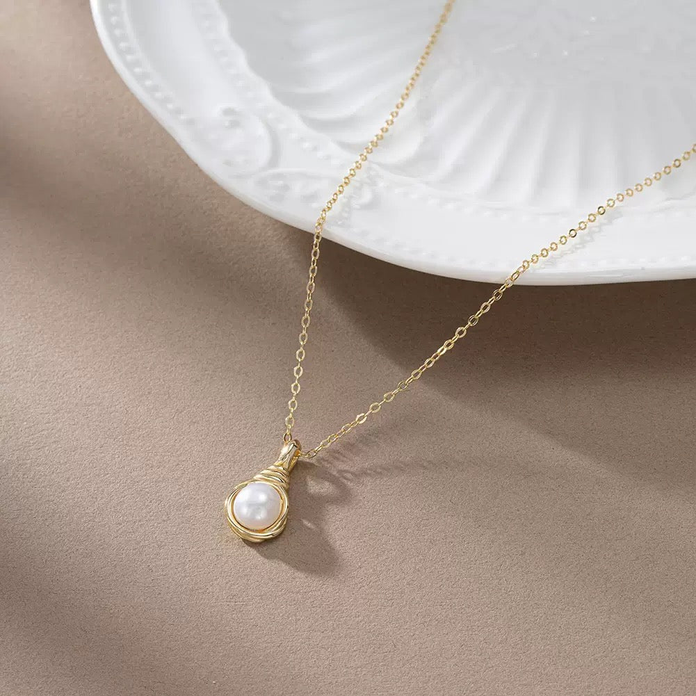 Wrapped Freshwater Pearl Pendant Necklace – 925 Sterling Silver, Gold Plated