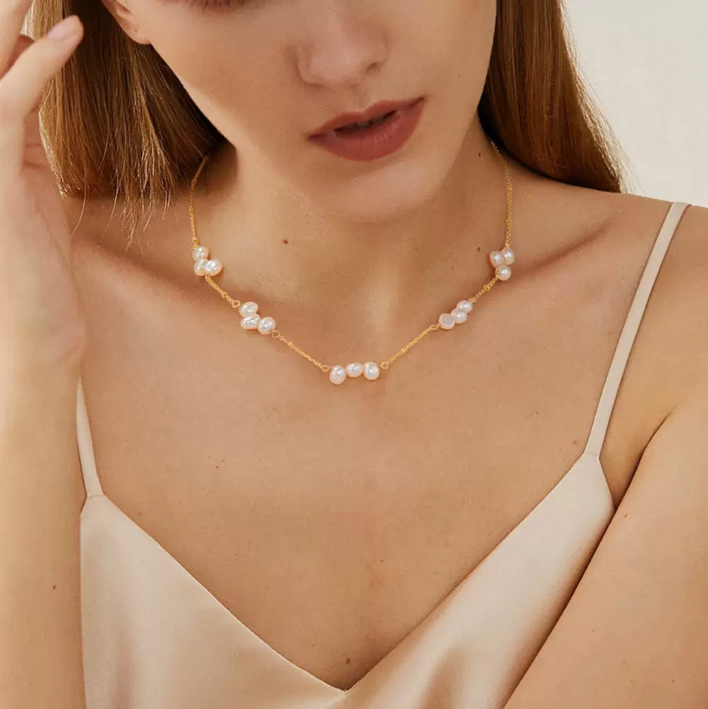 Elegant Freshwater Pearl Necklace – 925 Sterling Silver, Gold Plated