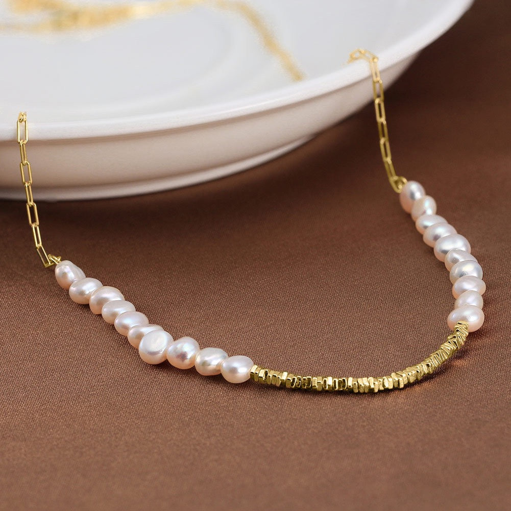 Radiant Grace – Freshwater Pearl Necklace with Gold Accents