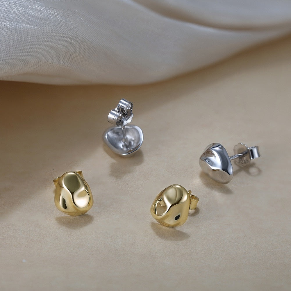 Golden Pebble Stud Earrings – 925 Sterling Silver