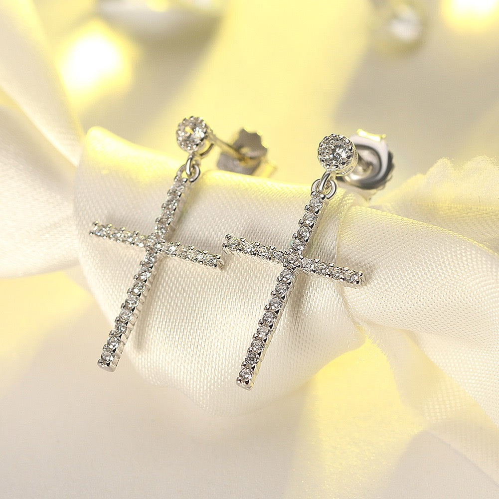 Sparkling Cross Drop Earrings – 925 Sterling Silver