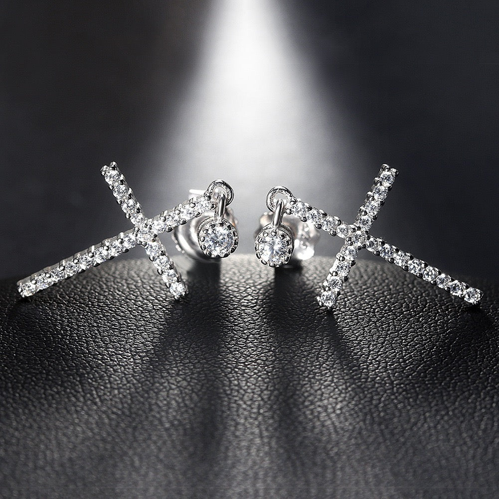 Sparkling Cross Drop Earrings – 925 Sterling Silver