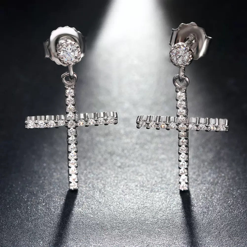 Sparkling Cross Drop Earrings – 925 Sterling Silver
