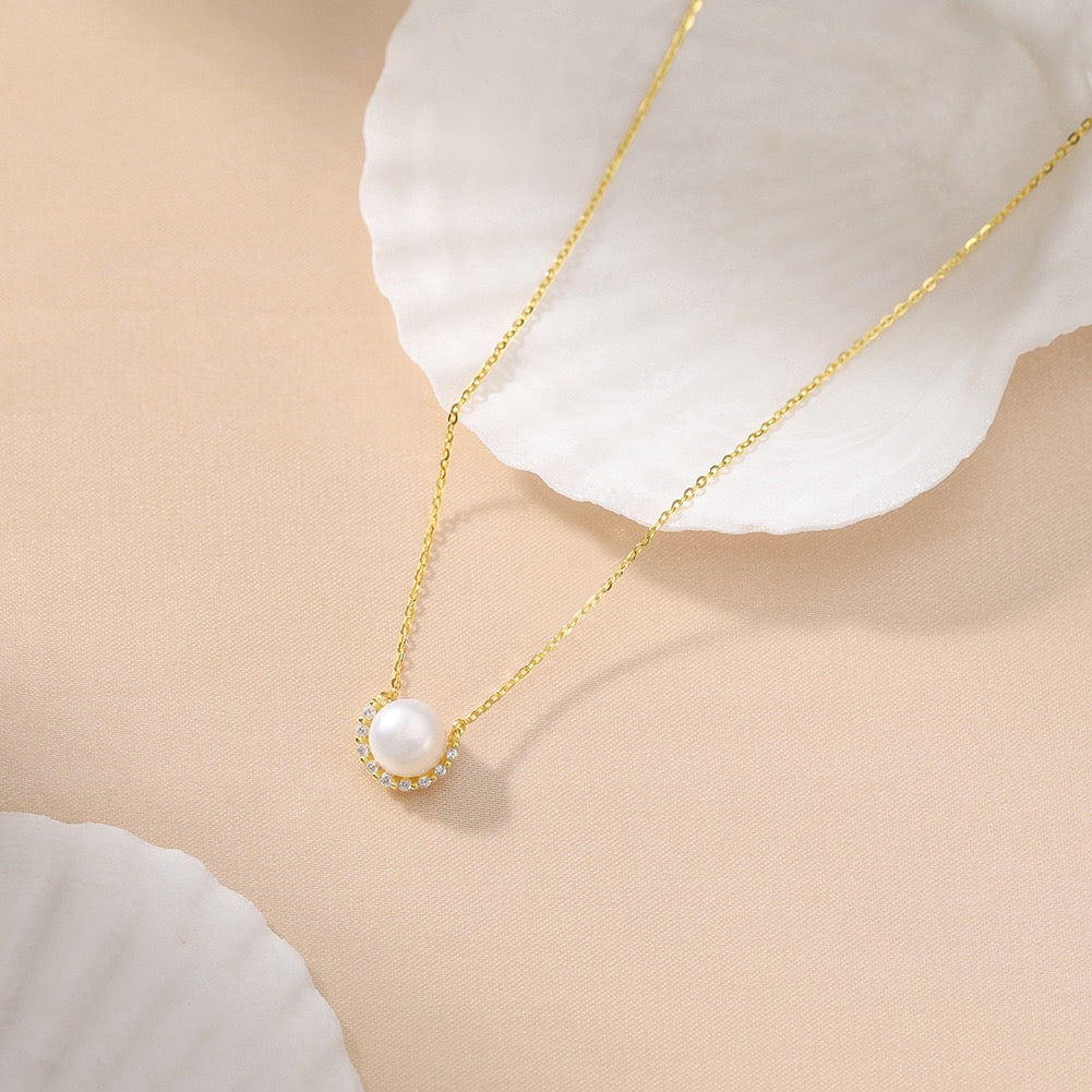Pearl Halo Pendant Necklace – 925 Sterling Silver