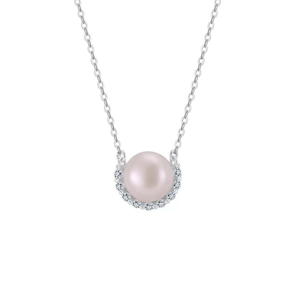 Pearl Halo Pendant Necklace – 925 Sterling Silver