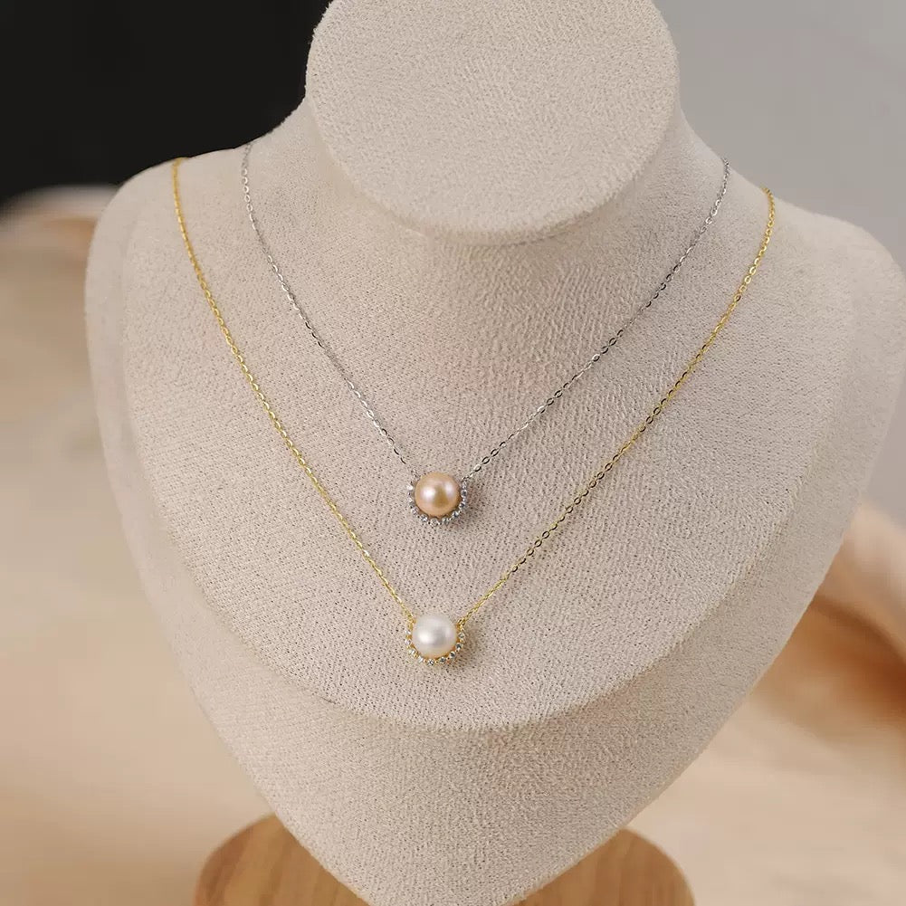 Pearl Halo Pendant Necklace – 925 Sterling Silver