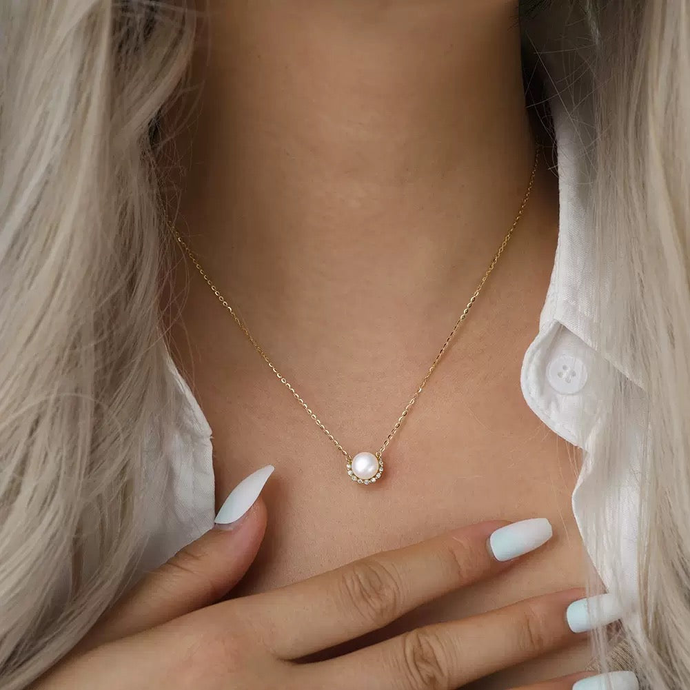 Pearl Halo Pendant Necklace – 925 Sterling Silver