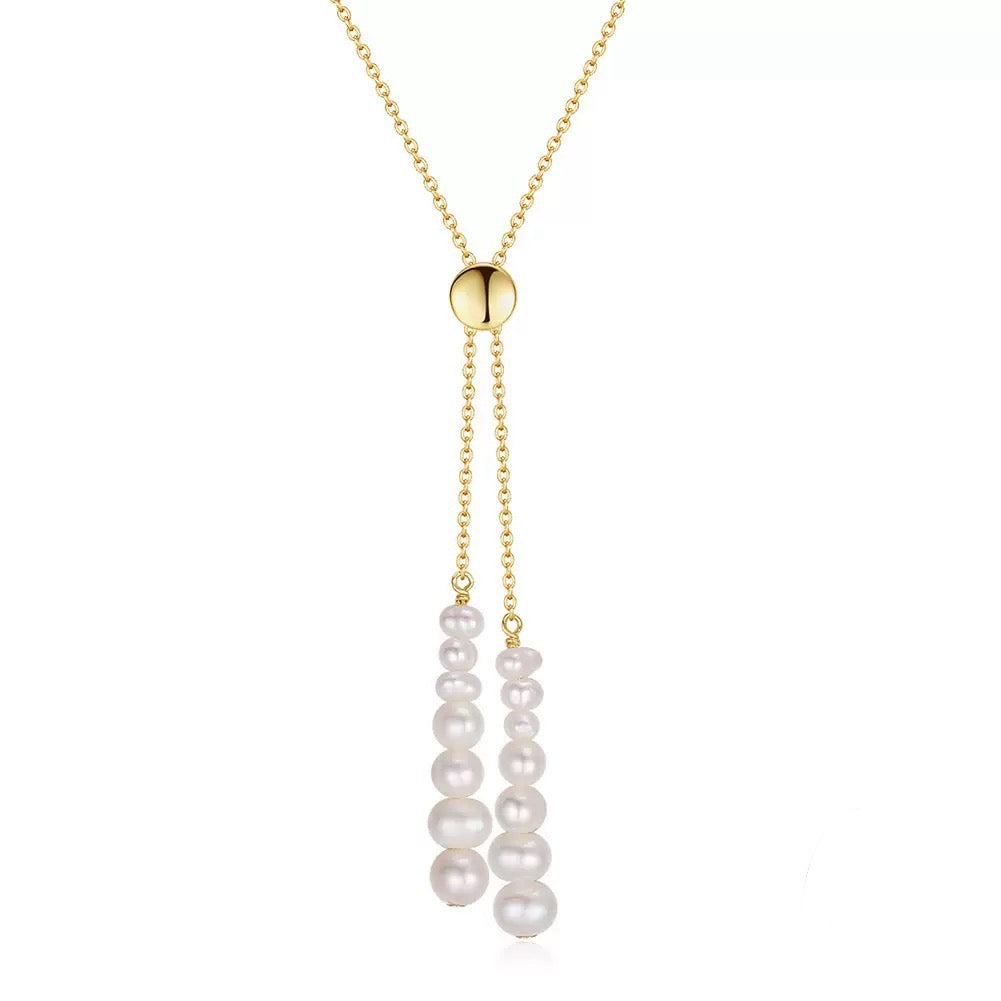Pearl Tassel Slider Necklace – 925 Sterling Silver