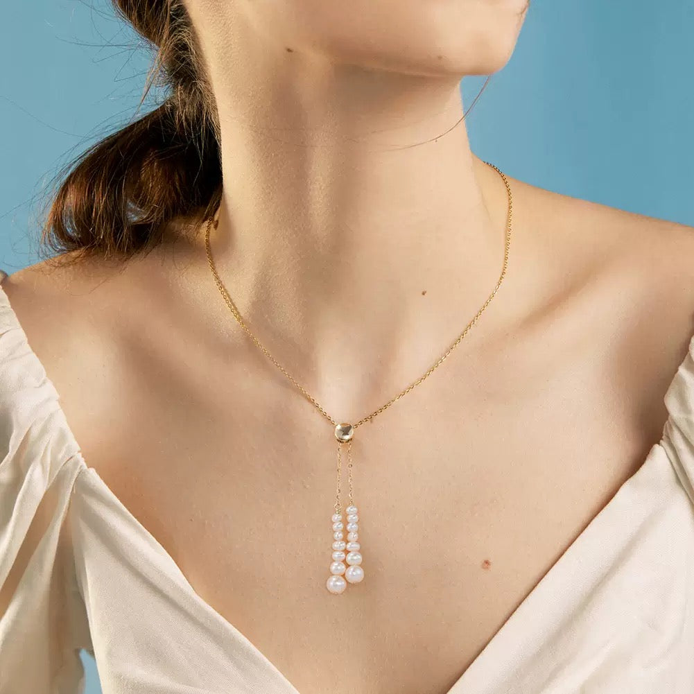 Pearl Tassel Slider Necklace – 925 Sterling Silver