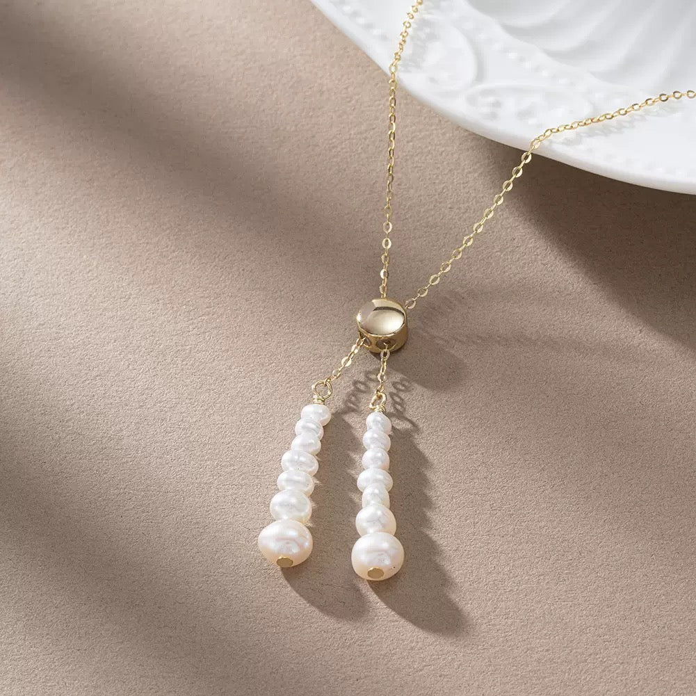 Pearl Tassel Slider Necklace – 925 Sterling Silver