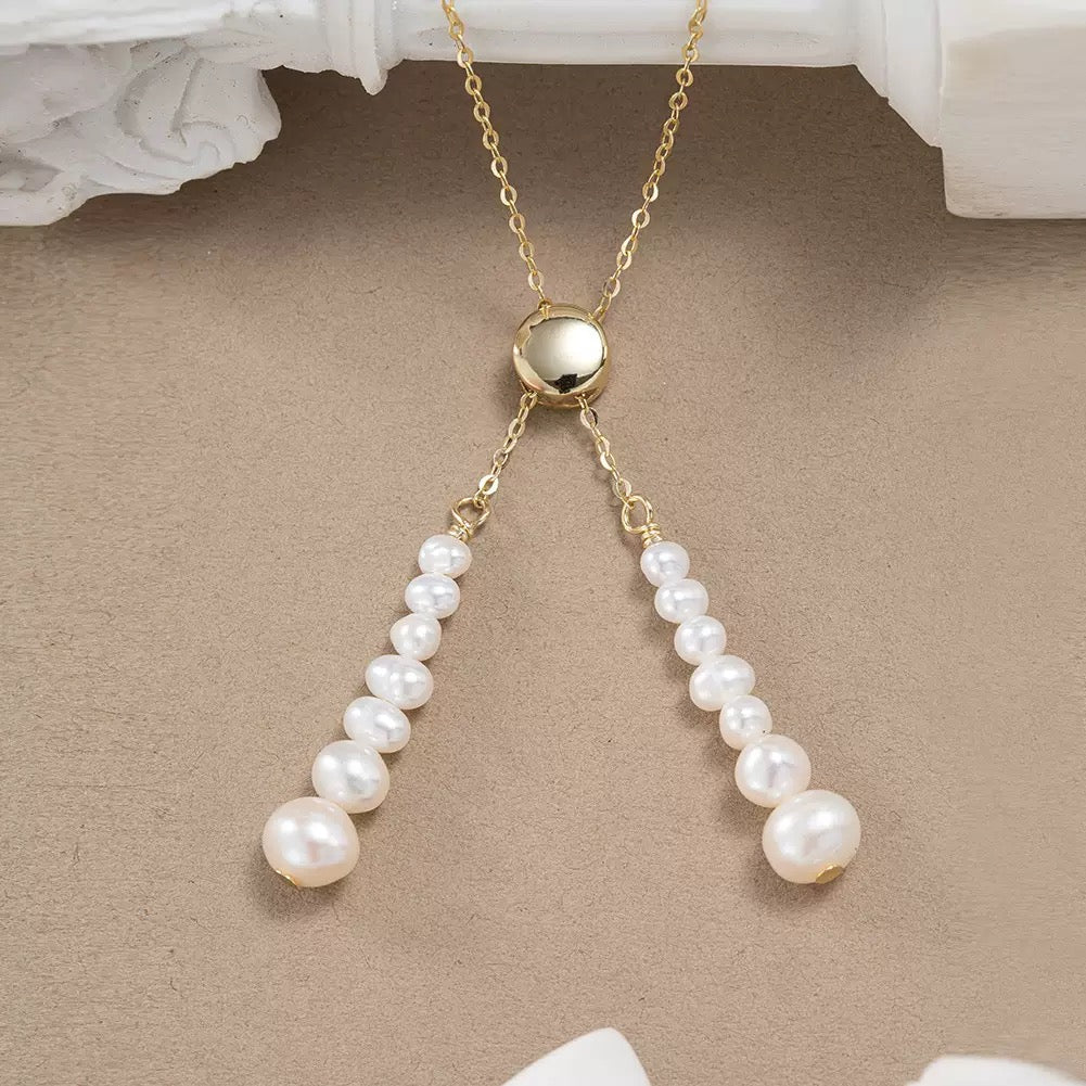 Pearl Tassel Slider Necklace – 925 Sterling Silver