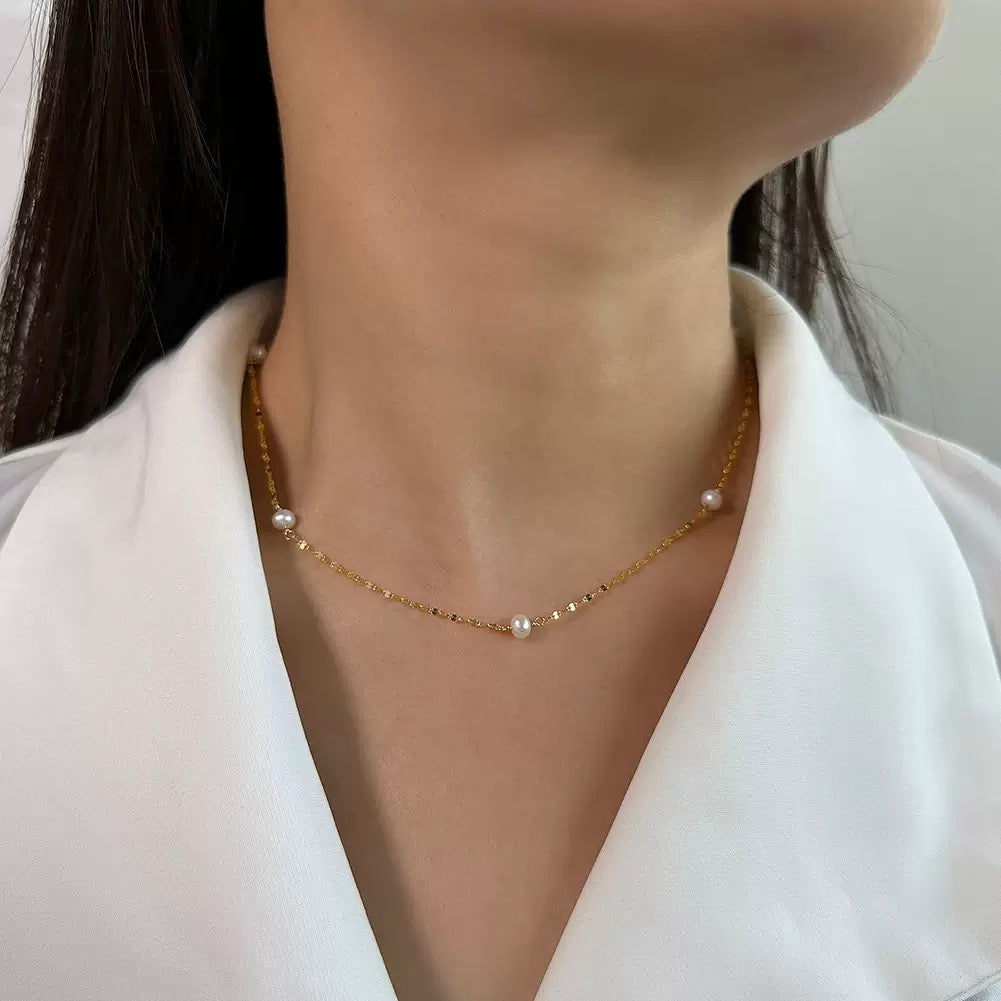 Pearl Station Chain Necklace – 925 Sterling Silver