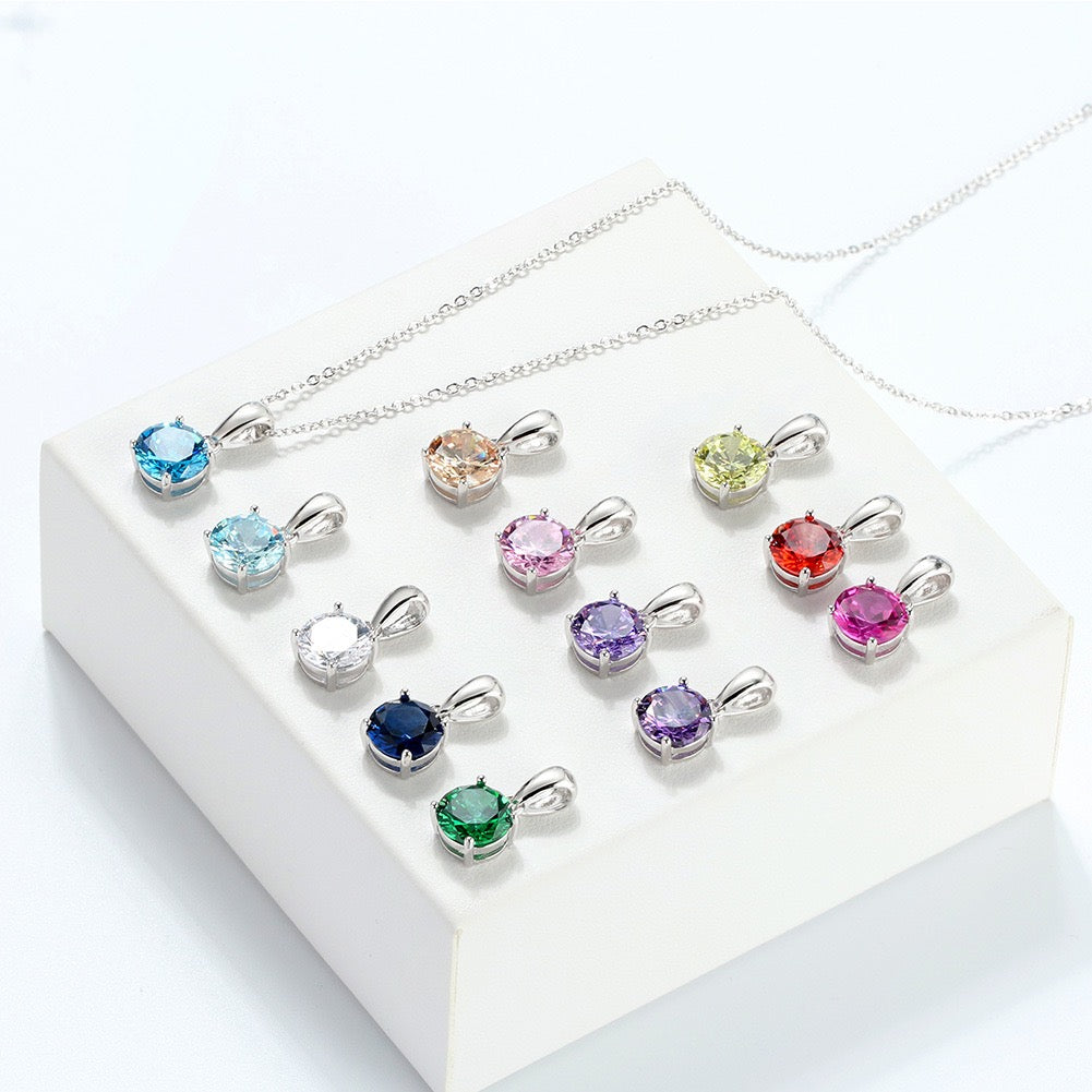 Birthstone Spark – Round Zircon Pendant Necklace (12 Colors)