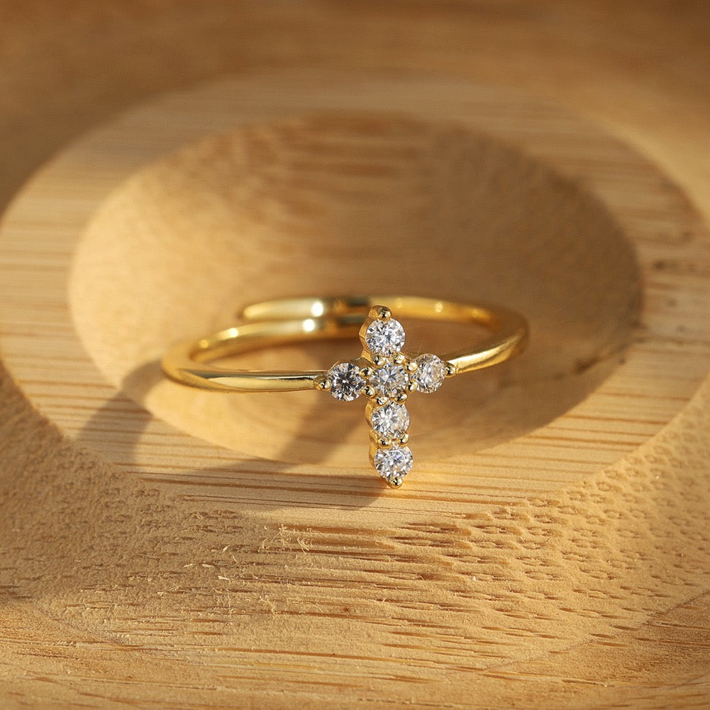 Dainty Cross Moissanite Ring – 925 Sterling Silver Adjustable Open Band