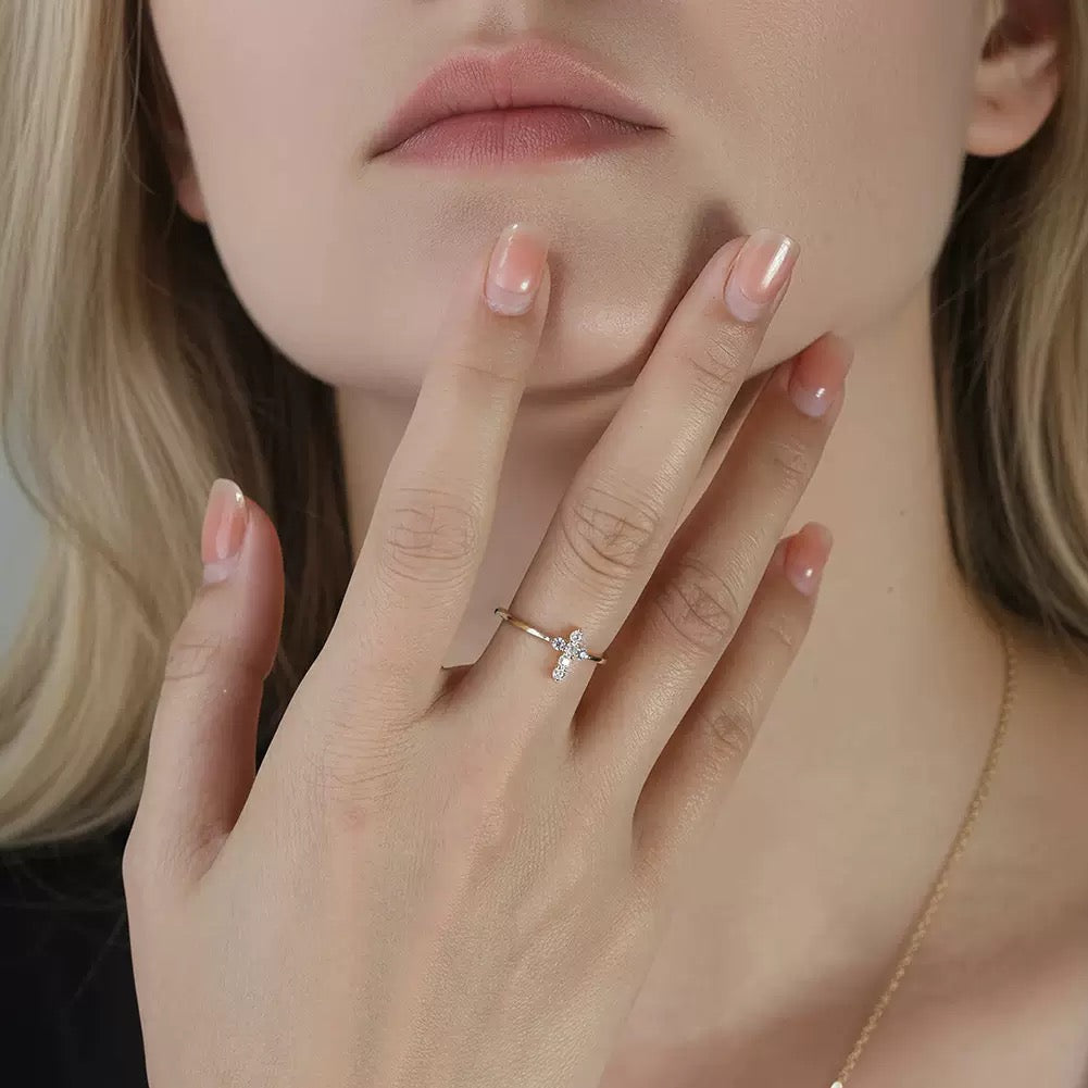 Dainty Cross Moissanite Ring – 925 Sterling Silver Adjustable Open Band
