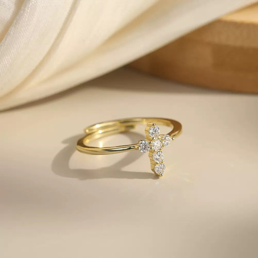Dainty Cross Moissanite Ring – 925 Sterling Silver Adjustable Open Band