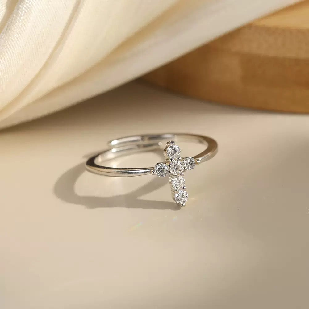 Dainty Cross Moissanite Ring – 925 Sterling Silver Adjustable Open Band
