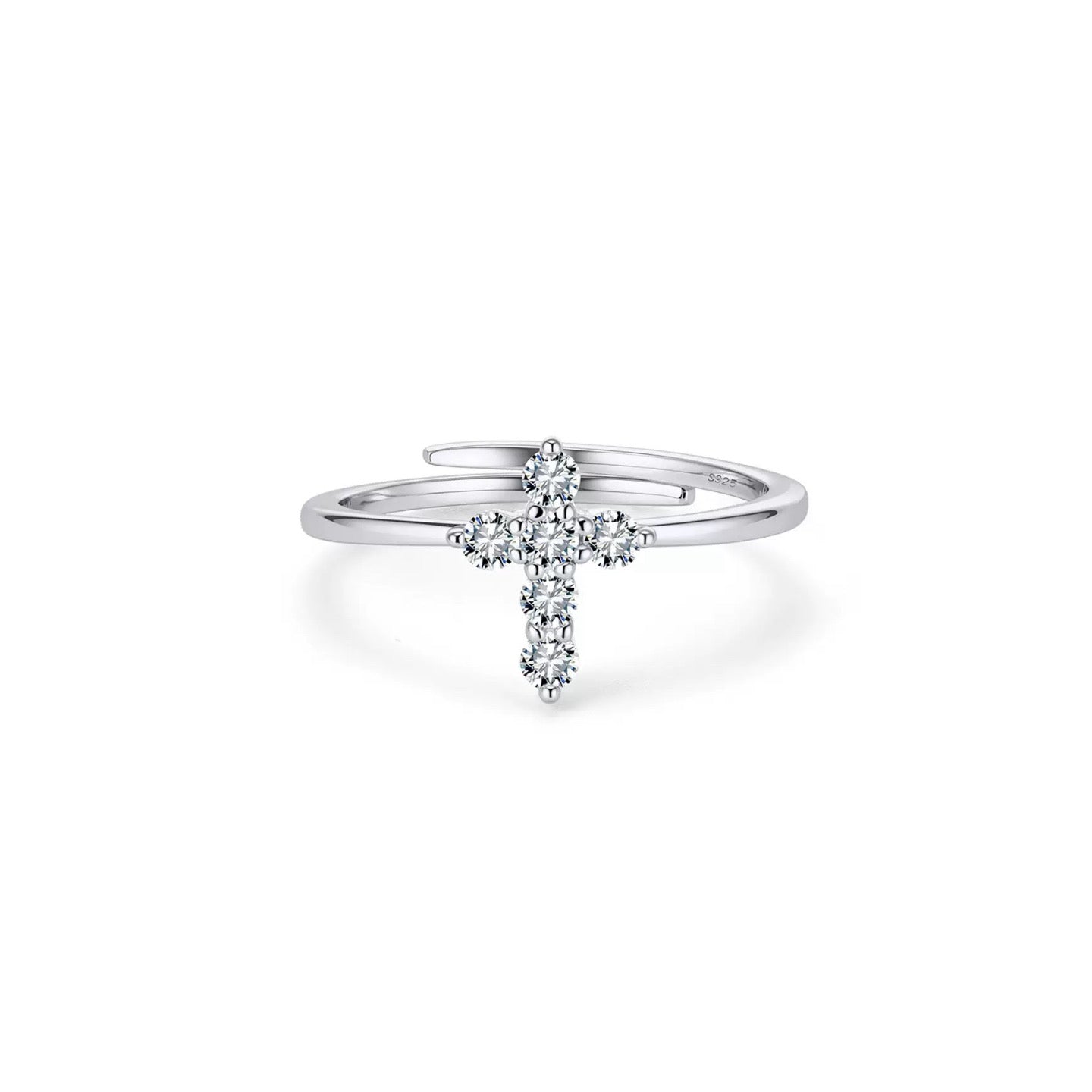 Dainty Cross Moissanite Ring – 925 Sterling Silver Adjustable Open Band