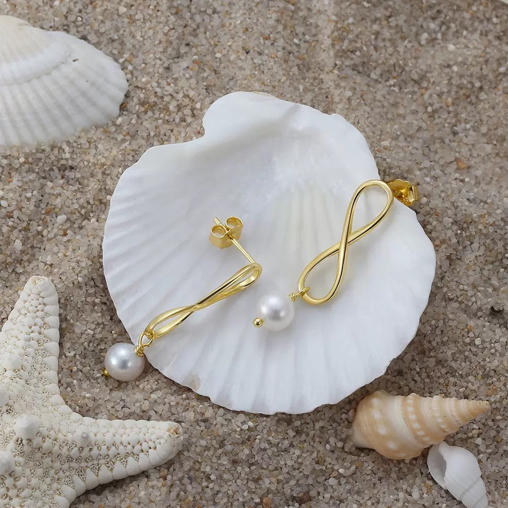 Eterna Infinity Pearl Drop Earrings – Gold or Silver