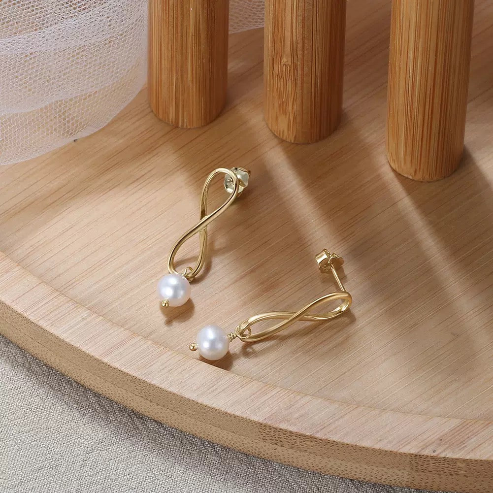 Eterna Infinity Pearl Drop Earrings – Gold or Silver