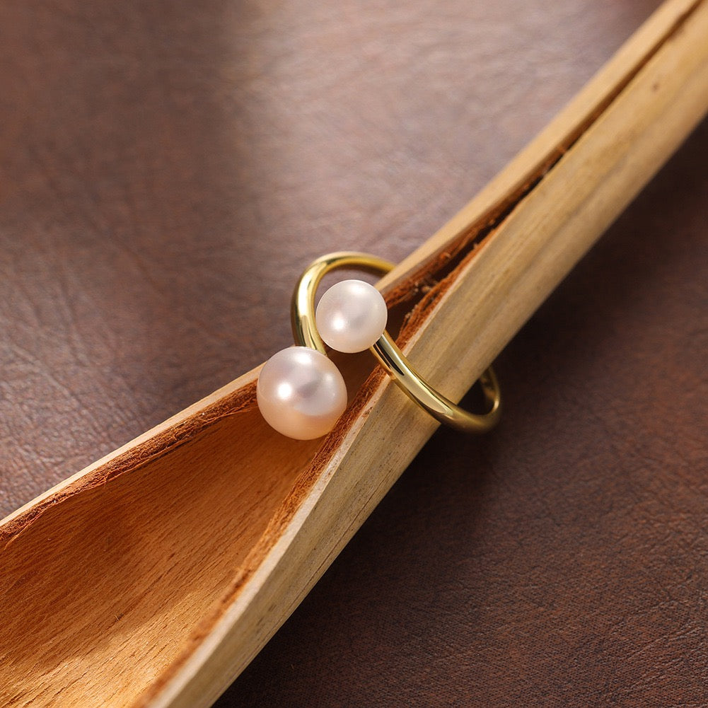 Celestial Duet – Freshwater Pearl Vermeil Ring