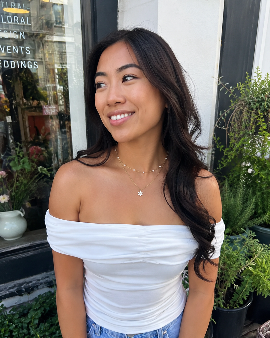 Petite Bloom – Pearl Double Chain & Daisy Pendant Necklace