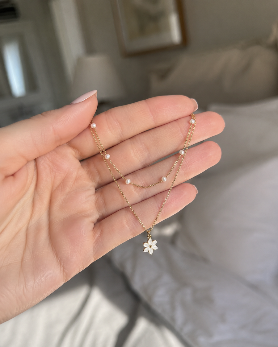 Petite Bloom – Pearl Double Chain & Daisy Pendant Necklace