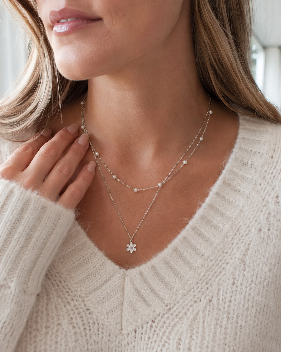 Petite Bloom – Pearl Double Chain & Daisy Pendant Necklace