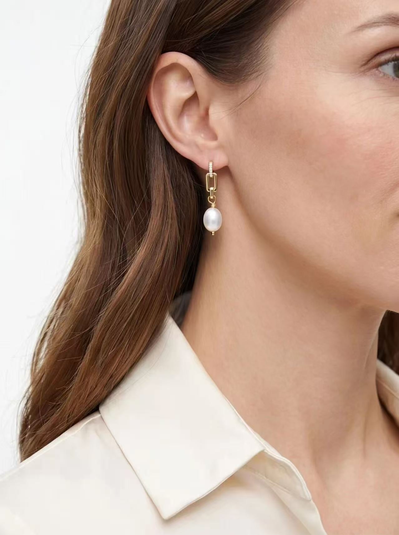 Celeste Link Pearl Drop Hoop Earrings product photo by Starlight