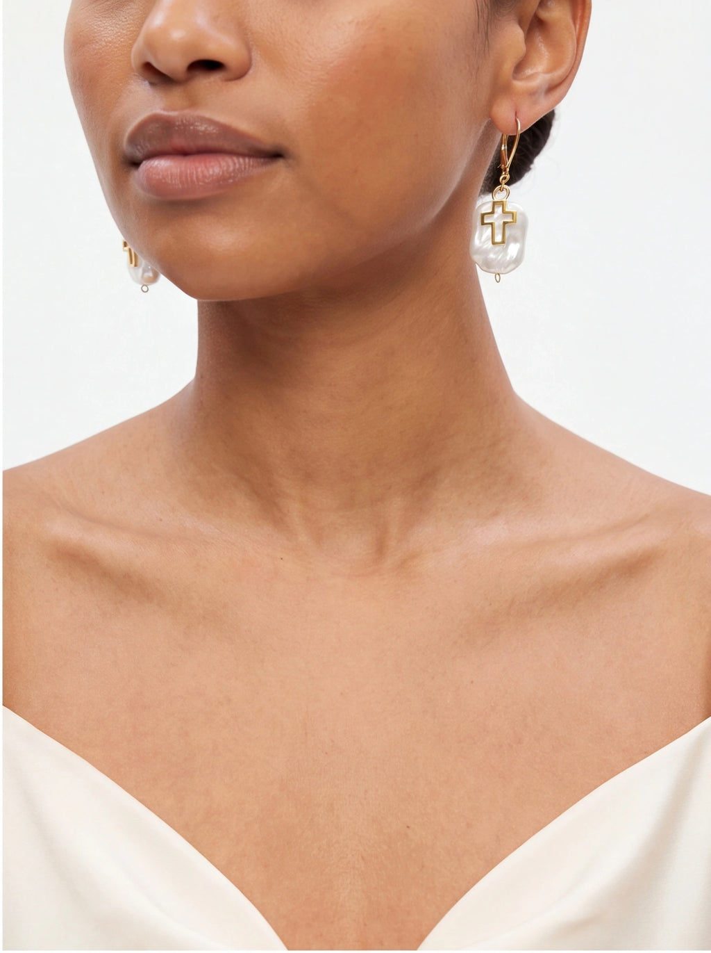 Baroque Pearl Cross Drop Earrings – Sterling Silver or Gold Plated