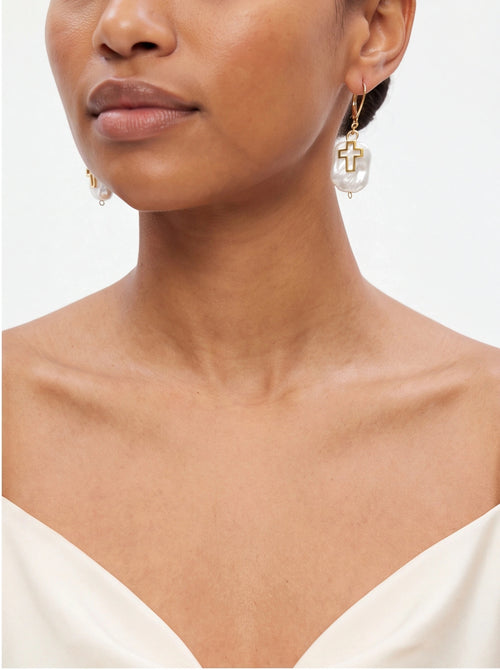 Baroque Pearl Cross Drop Earrings – Sterling Silver or Gold Plated