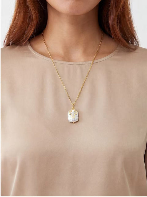 Faith Glow Cross Pearl Pendant Necklace product photo by Starlight