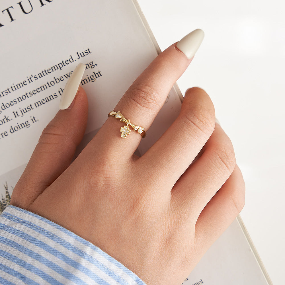 Cross Charm – Vermeil & CZ Adjustable Ring