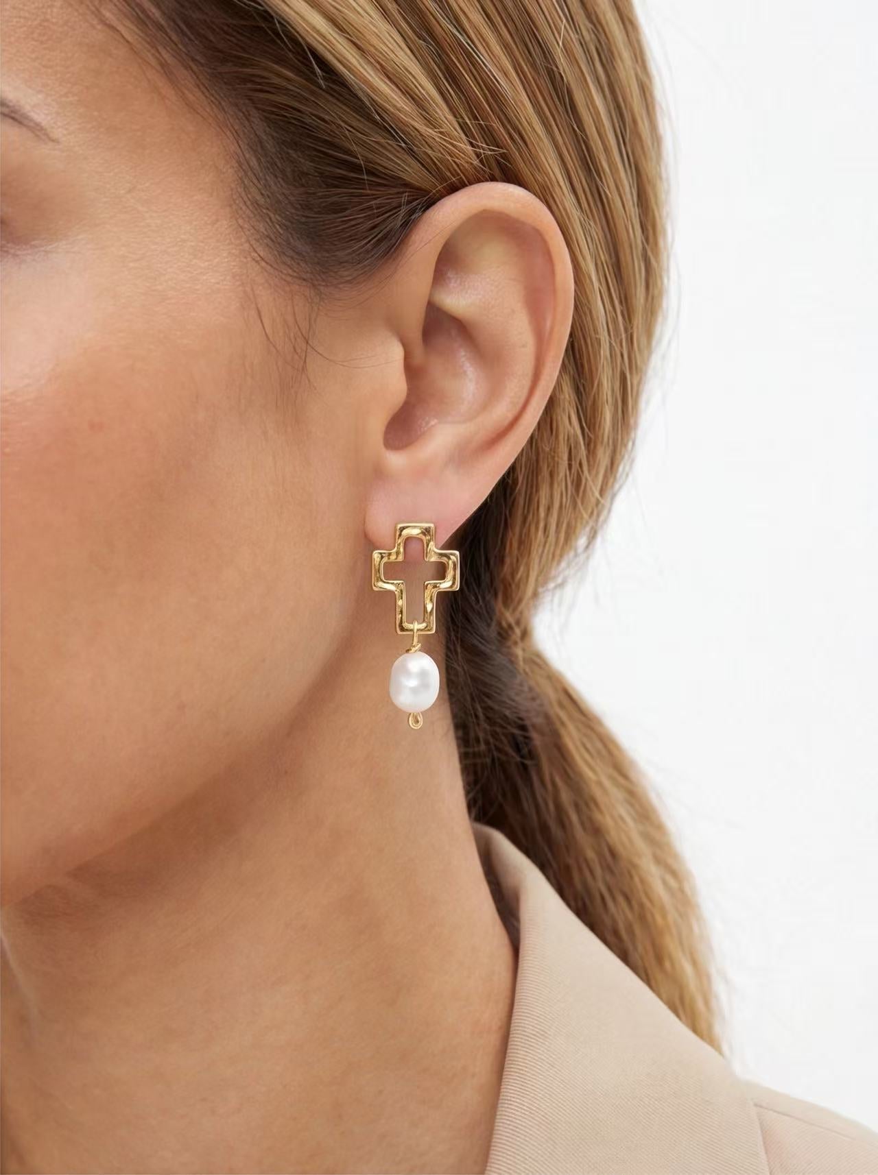 Cross Pearl Drop Earrings – Sterling Silver or Gold Plated