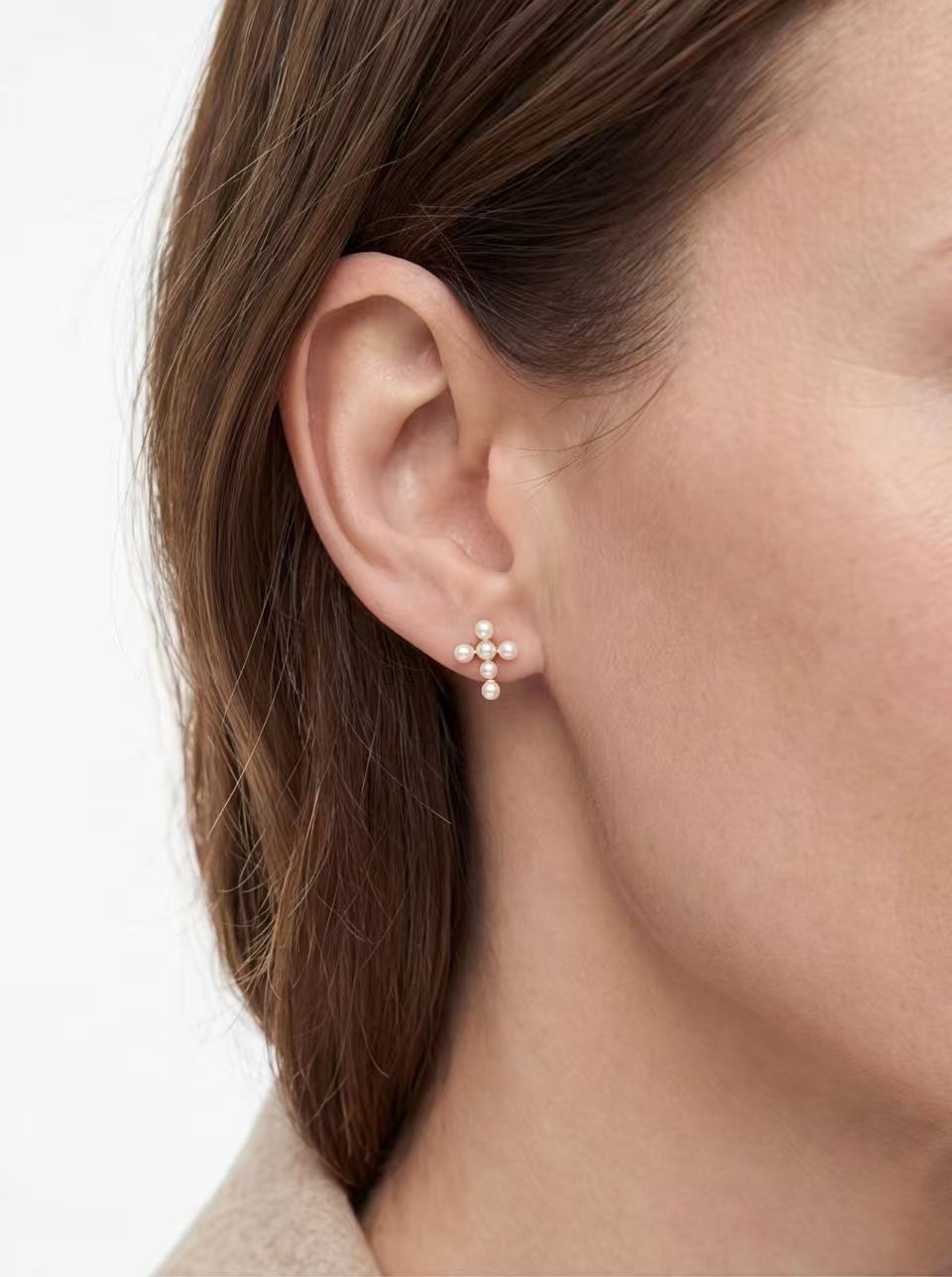 Sacred Light –  Freshwater Pearl & Vermeil Cross Stud Earrings