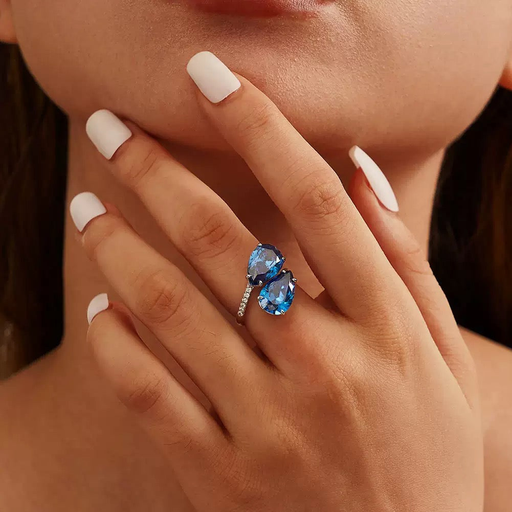 Twin Aurora – Blue Dual Gem Open Ring