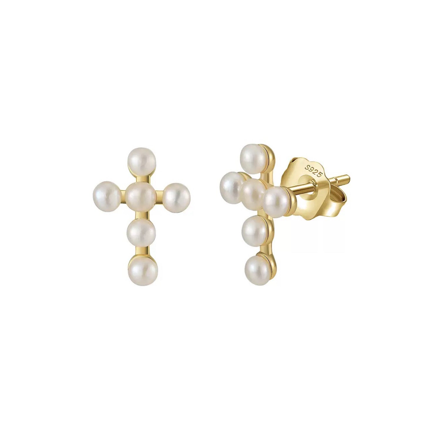 Sacred Light –  Freshwater Pearl & Vermeil Cross Stud Earrings