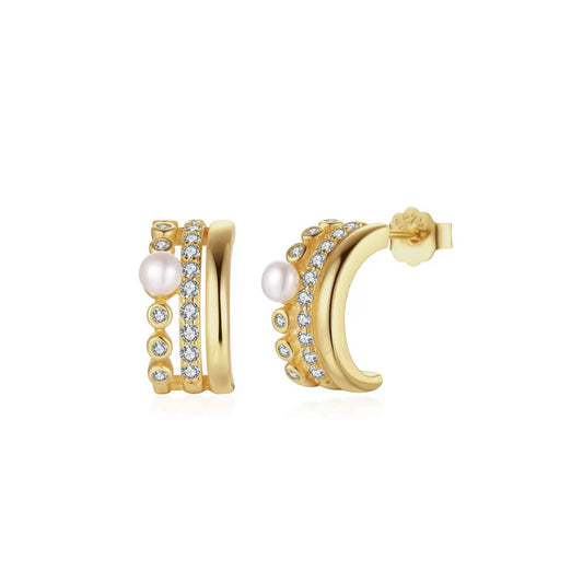 Radiant Curve – Freshwater Pearl & CZ Sterling Hoop Earrings