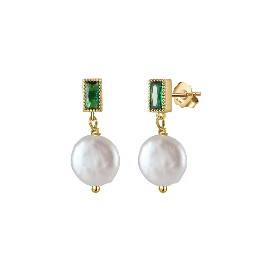 Verdant Halo – Freshwater Coin Pearl & CZ Vermeil Drop Earrings