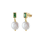 Emerald Tone Pearl Drop Earrings, Green Stone Drop Earrings, Dainty Wedding Guest Jewelry
