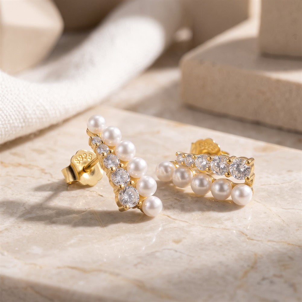 Pearl Cascade CZ Climber Earrings